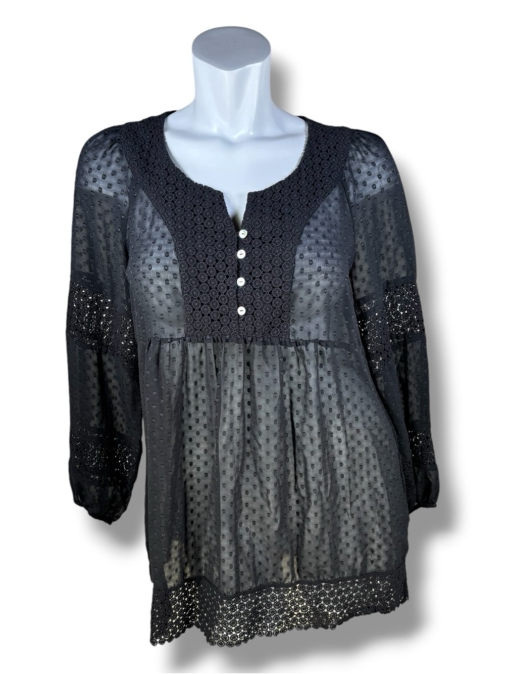 DR 2 Black Semi-Sheer Dot-Texture Boho Crochet Trim Accent Blouse in Size Large